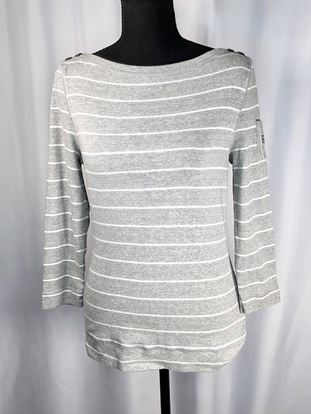 Lauren Ralph Lauren Gray Stripe Top, Size Medium 3/4 Sleeve Button Shoulder